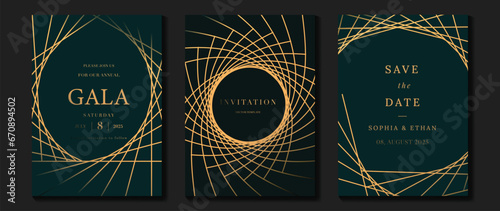 Luxury invitation card background vector. Golden elegant geometric shape, gold line gradient on dark green background. Premium design illustration for gala card, grand opening, party invitation.