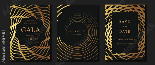 Luxury invitation card background vector. Golden elegant geometric shape, gold lines gradient on dark background. Premium design illustration for gala card, grand opening, party invitation, wedding.
