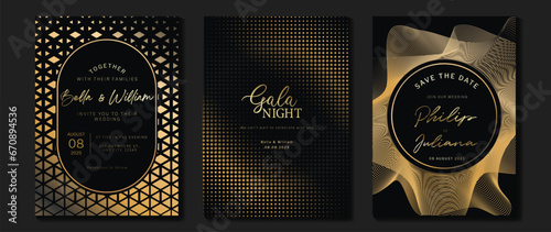 Luxury invitation card background vector. Golden elegant geometric shape, gold lines gradient, halftone on dark background. Premium design illustration for gala card, grand opening, party invitation.