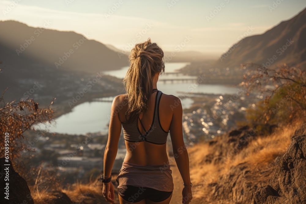 Determined jogger conquering a steep hill with a beautiful view, Generative AI