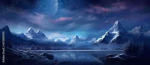 This is a night landscape in the mountains containing a night sky, moon, mountains and forests 4