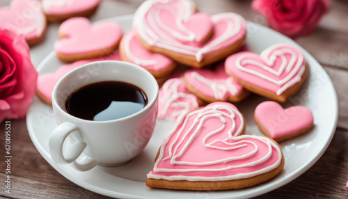 Decorated heart shaped cookies on white plate and a cup of coffee