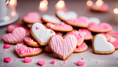 Decorated heart shaped cookies on white wooden background