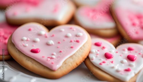 Decorated heart shaped cookies on white wooden background