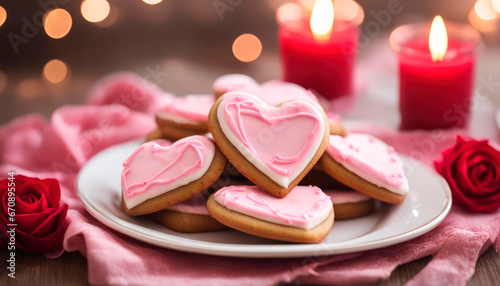 Decorated heart shaped cookies on white plate with red candles