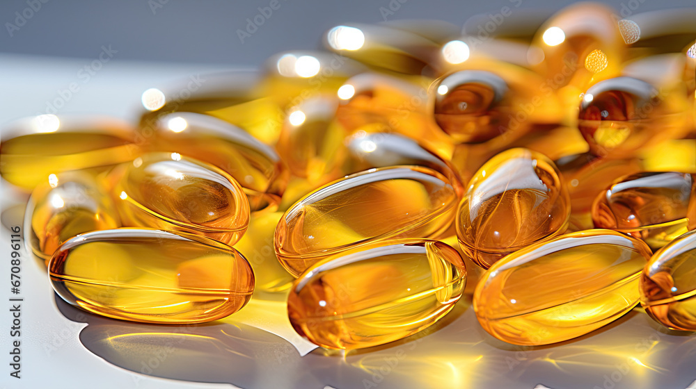 Vitamin D3 and omega 3 yellow Soft Gel forms on a wooden table outdoors in the sun