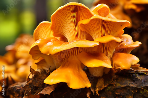 Chanterelle or chanterelle mushrooms. Close-up of fresh growing edible mushrooms