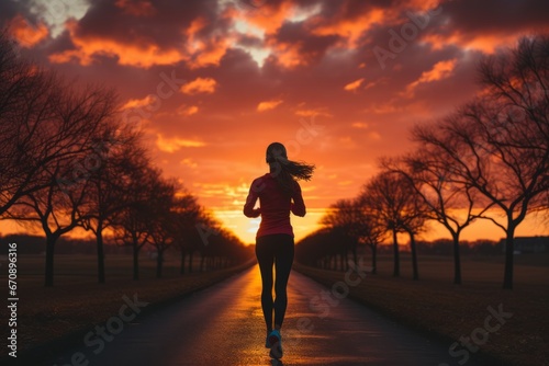 Jogger's silhouette against a colorful sunset sky, Generative AI  © Shooting Star Std