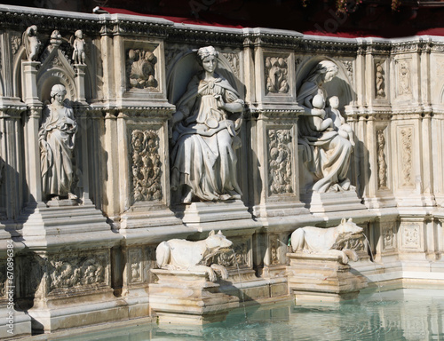 Siena  SI  Italy - February 20  2023  Detail of Fonte Gaia is a monumental fountain in Piazza del Campo