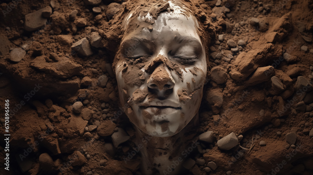 Mud-covered face amidst earthy rubble. - obrazy, fototapety, plakaty 