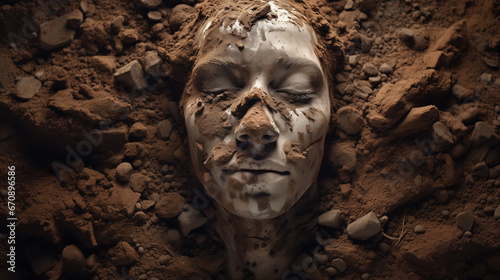 Mud-covered face amidst earthy rubble.