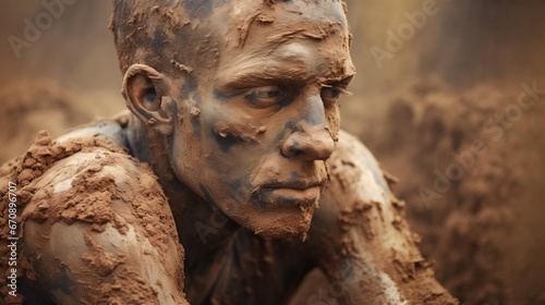 Determined figure covered in mud.
