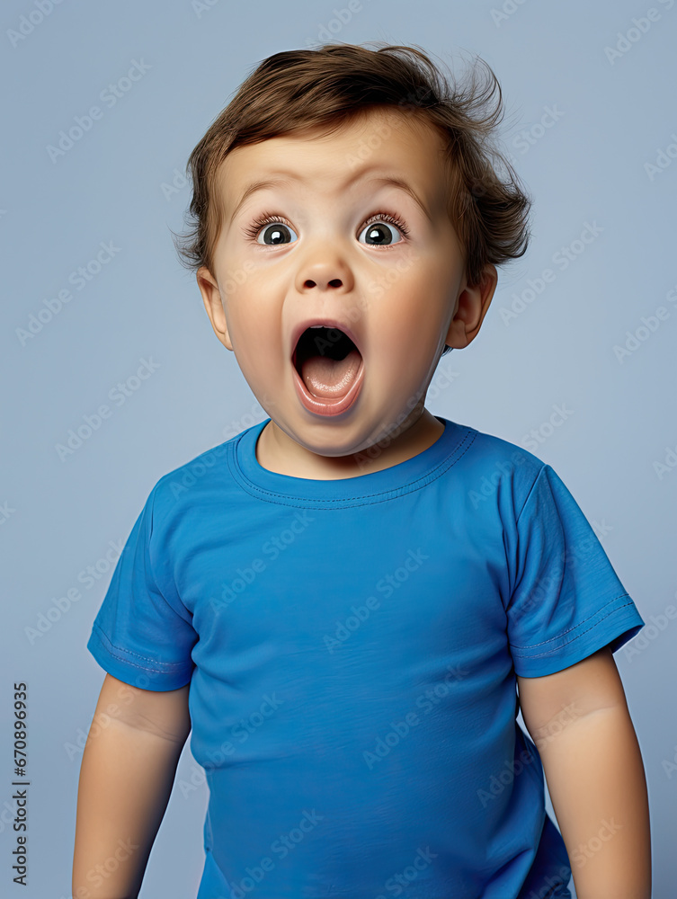 little baby in blue t-shirt with fun face surprised gesture expression little baby in blue t-shirt with fun face surprised gesture expression