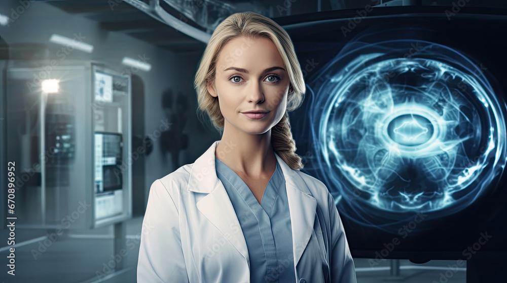 beautiful female doctor in white work clothes at the resonance