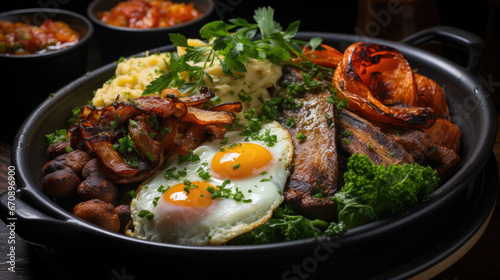 Delicious Breakfast with crispy bacon pork, sunny side up egg, stewed plum tomatoes, garlic mushrooms, fried potatoes, grilled onions created with Generative AI Technology