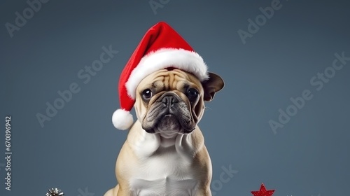 Cute White Dog with Christmas Hat Isolated on the Minimalist Background  © Humam