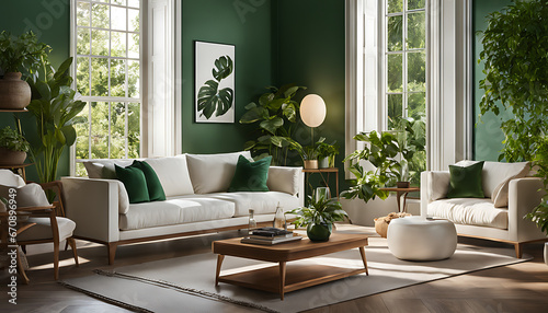 living room with white furniture  plants  and green walls  creating a bright  welcoming space to socialize