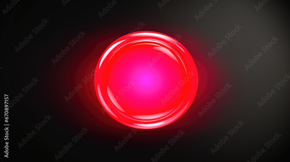 3D Red glowing button on dark background.