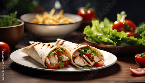  mouthwatering wrap filled with grilled chicken, lettuce, tomatoes, and onions, accompanied by bowls of salsa, promising a flavorful and satisfying dining experience