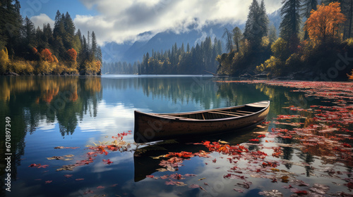 Tela The wooden canoe boat is parked next to a lake with calm water and the reflectio