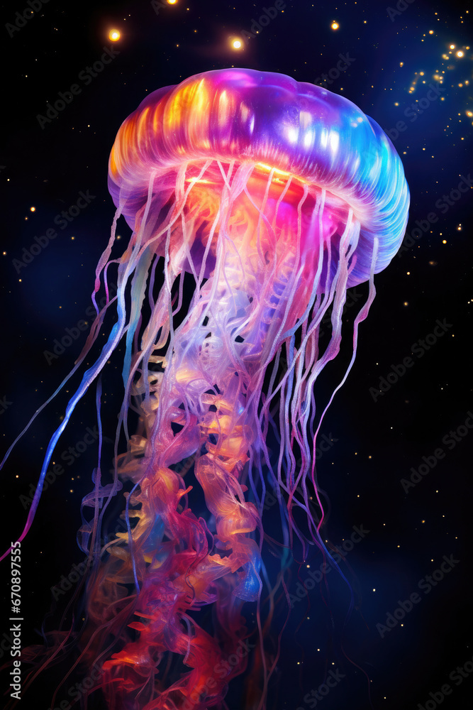 Galaxy underwater jellyfish glow in the dark deep sea with vibrant colors on dark background Galaxy underwater jellyfish glow in the dark deep sea with vibrant colors on dark background