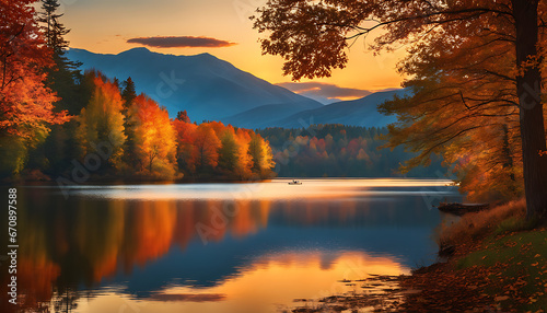 serene lake at sunset, surrounded by trees with vibrant autumn foliage, creating a picturesque scene of natural beauty and tranquility