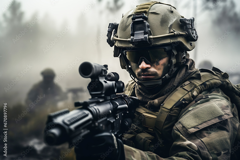 A man in military uniform holds a machine gun. The man is ready to fight A man in military uniform holds a machine gun. The man is ready to fight