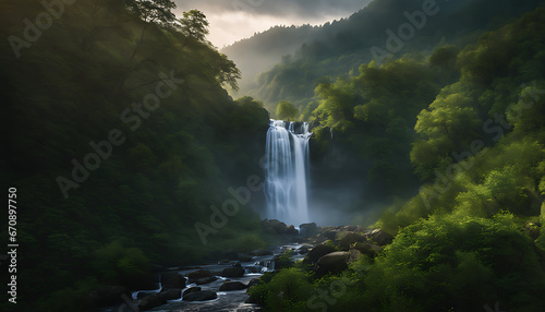  serene waterfall flowing down a green hillside  surrounded by lush foliage and mist  creating a peaceful and harmonious natural scene