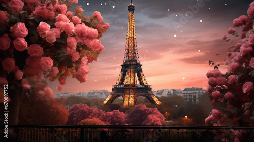 Blooming roses and Eiffel tower create a romantic scene