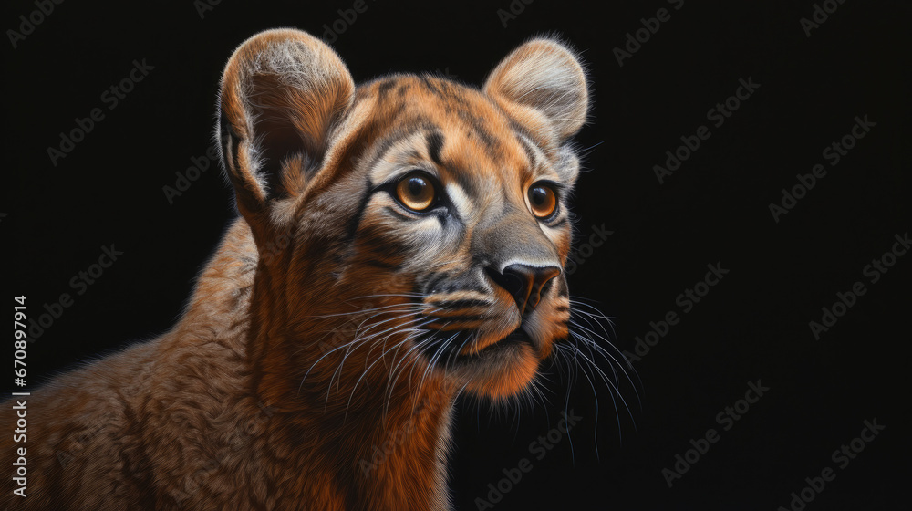 Obraz premium Face portrait of a predatory mountain lion cougar puma in the nature wildlife on a dark background
