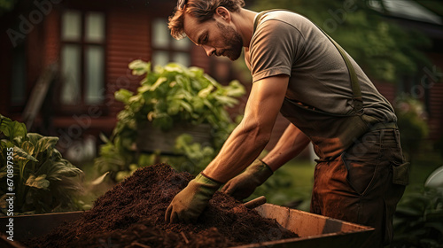 A gardener man working in the garden makes a soil compost pit for gardening with his hands made with Generative AI Technology