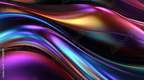 Abstract 3D light glow holographic liquid curve metal foil rainbow light purple dark reflection background created with Generative AI Technology