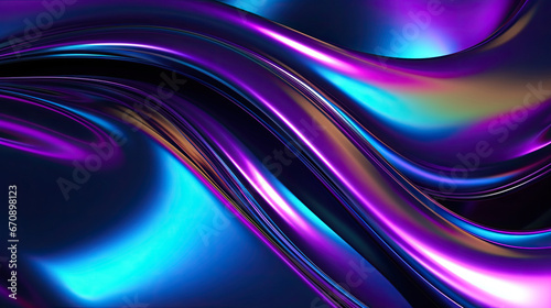 Abstract 3D light glow holographic liquid curve metal foil rainbow light purple dark reflection background