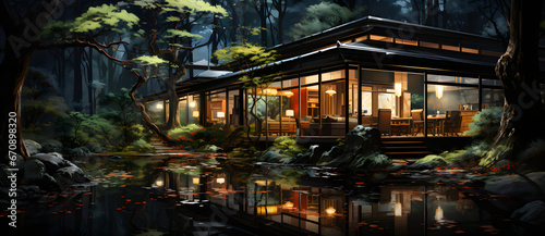 Ancient Chinese gardens in the forest at night contain buildings ponds bridges trees lights moon 16