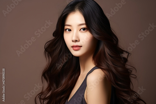 Beautiful young Asian woman with clean fresh skin on dark background, Face care, Facial treatment, Cosmetology, beauty and spa, Asian women portrait.