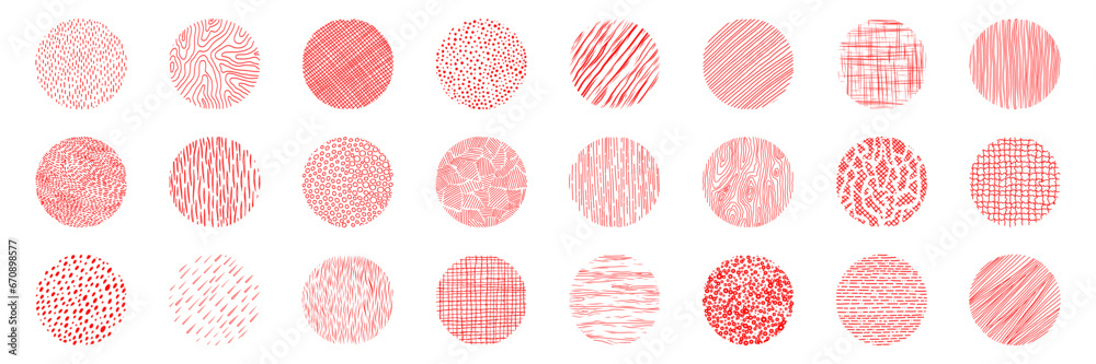Hand drawn red circles ink textures set. Crosshatch, wood, rain, stippling, circle, linear and other stroke. Freehand doodle shapes collection. Isolated vector illustration. - obrazy, fototapety, plakaty 