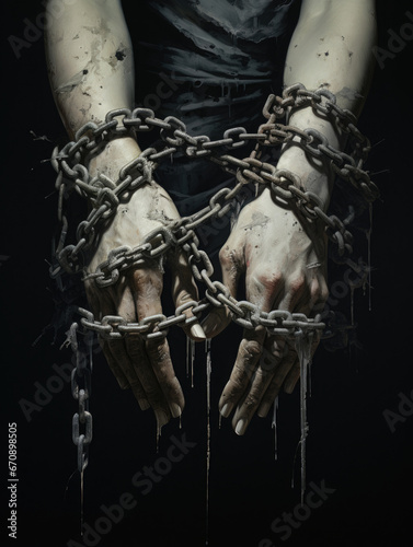hands wrapped around metal chains symbolize restraint and imprisonment that takes away freedom created with Generative AI Technology