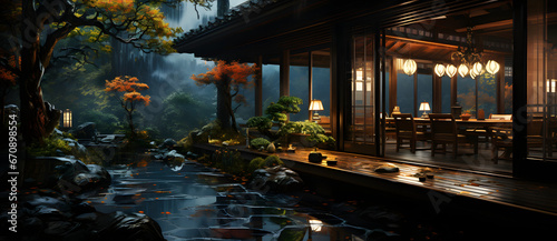Ancient Chinese gardens in the forest at night contain buildings ponds bridges trees lights moon 18
