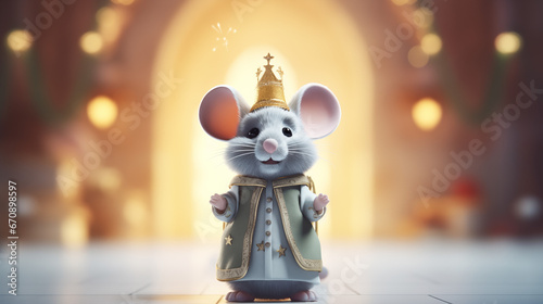 Miniature Gray Mouse King Toy: Neon Minimalistic Art with Cinematic Lighting and Vibrant Details © Mathieu
