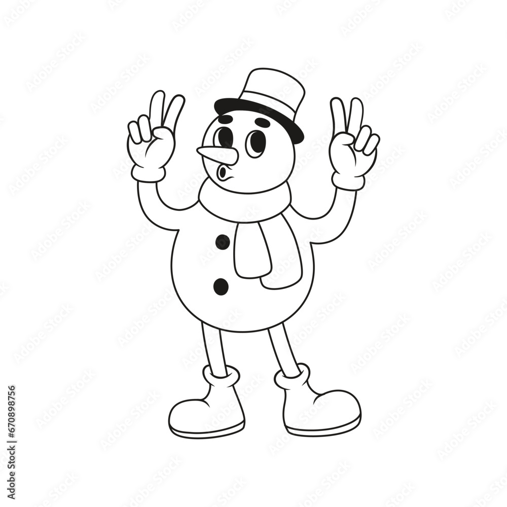 Funny retro snowman character. Vector illustration in line style. Funny retro snowman character. Vector illustration in line style.
