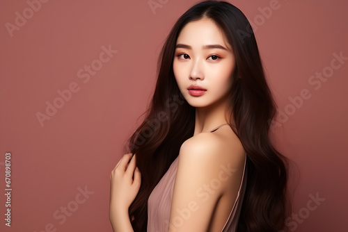 Beautiful young Asian woman with clean fresh skin on terracotta background, Face care, Facial treatment, Cosmetology, beauty and spa, Asian women portrait.