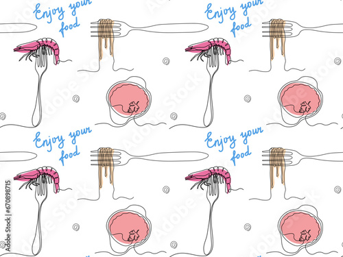 Abstract seamless pattern with forks, pasta and shrimp, restaurant,lunch,food , continuous one line art drawing