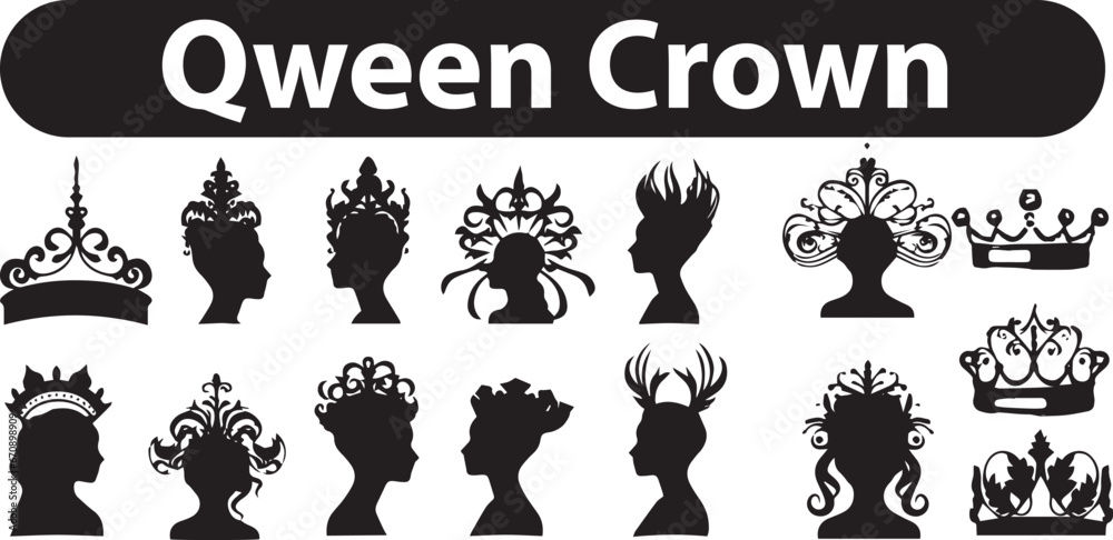queen crown silhouettes and designs in black on a white background