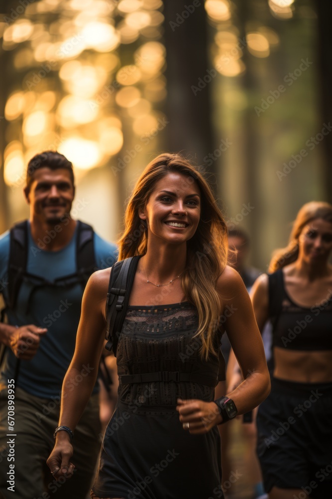Group of friends jogging together along a scenic trail, Generative AI