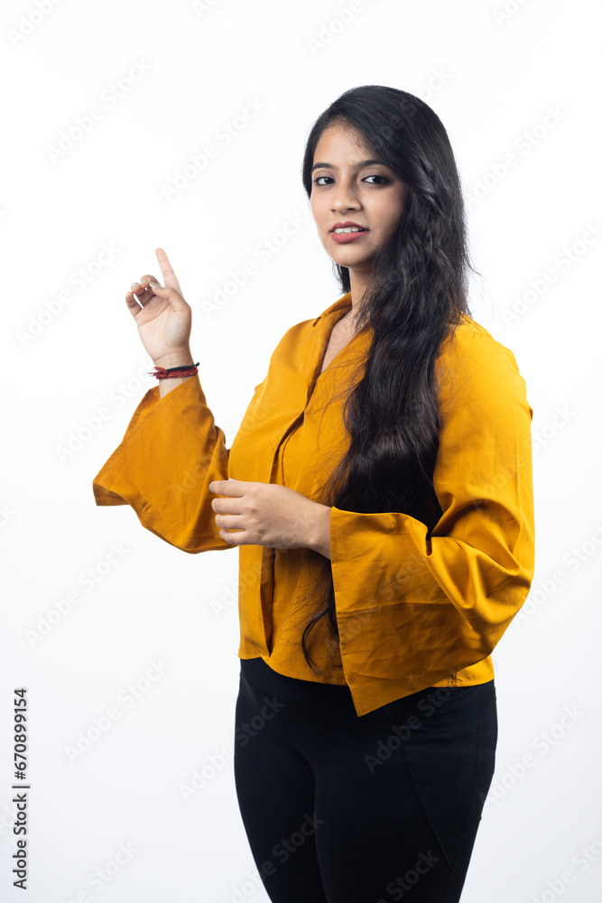 Young Indian, asian business woman, collage girl, student, confident female entrepreneur wearing professional outfit dress conversation expression isolated on white background Young Indian, asian business woman, collage girl, student, confident female entrepreneur wearing professional outfit dress conversation expression isolated on white background