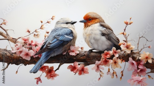 Two beautiful birds sitting on a flowery branch photo