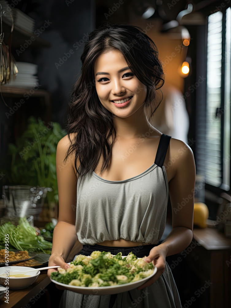 Smiling Asian girl with beautiful body holding a bowl filled with healthy vegetables weight loss food standing in the kitchen created with Generative AI Technology