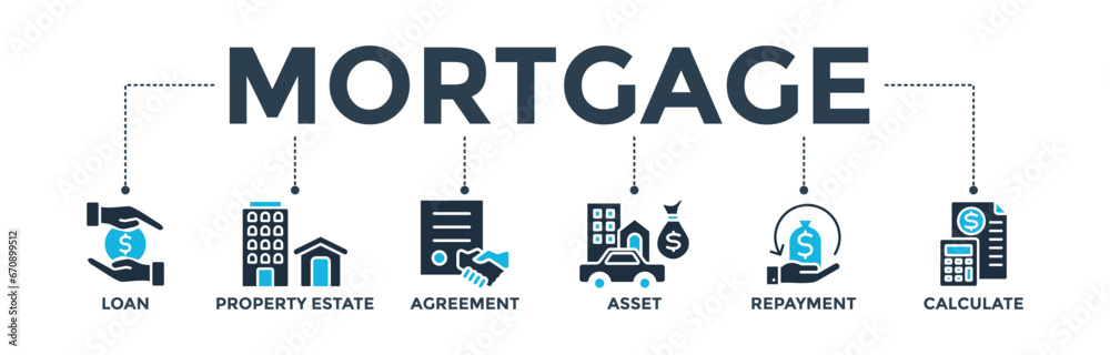Mortgage banner web icon vector illustration concept with icon of loan, property estate, agreement, asset, repayment and calculate Mortgage banner web icon vector illustration concept with icon of loan, property estate, agreement, asset, repayment and calculate