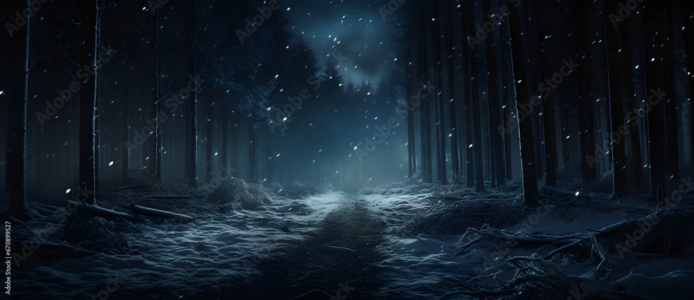 snow falling at night in a snowy dark forest with lights and stars Generated 4 - obrazy, fototapety, plakaty 