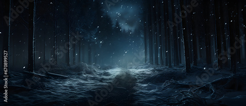 snow falling at night in a snowy dark forest with lights and stars Generated 4 © 文广 张